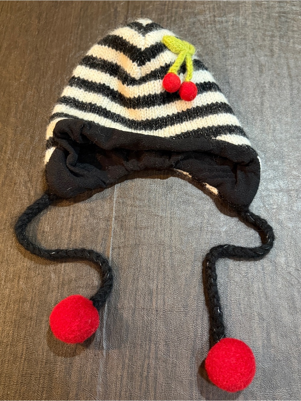 Delux Black & White Striped Pom Pom Winter Hat with Red Cherry Accents